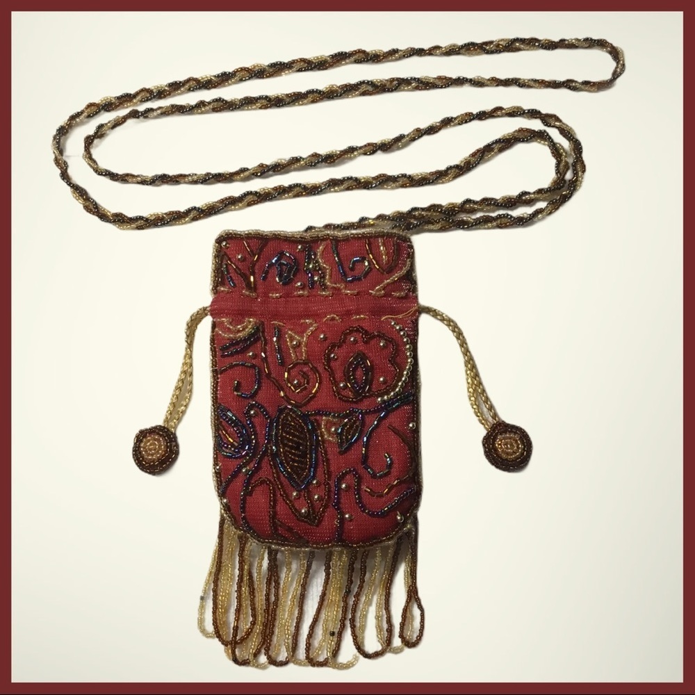 Handmade Beaded Red Drawstring Mini Bag NWOT